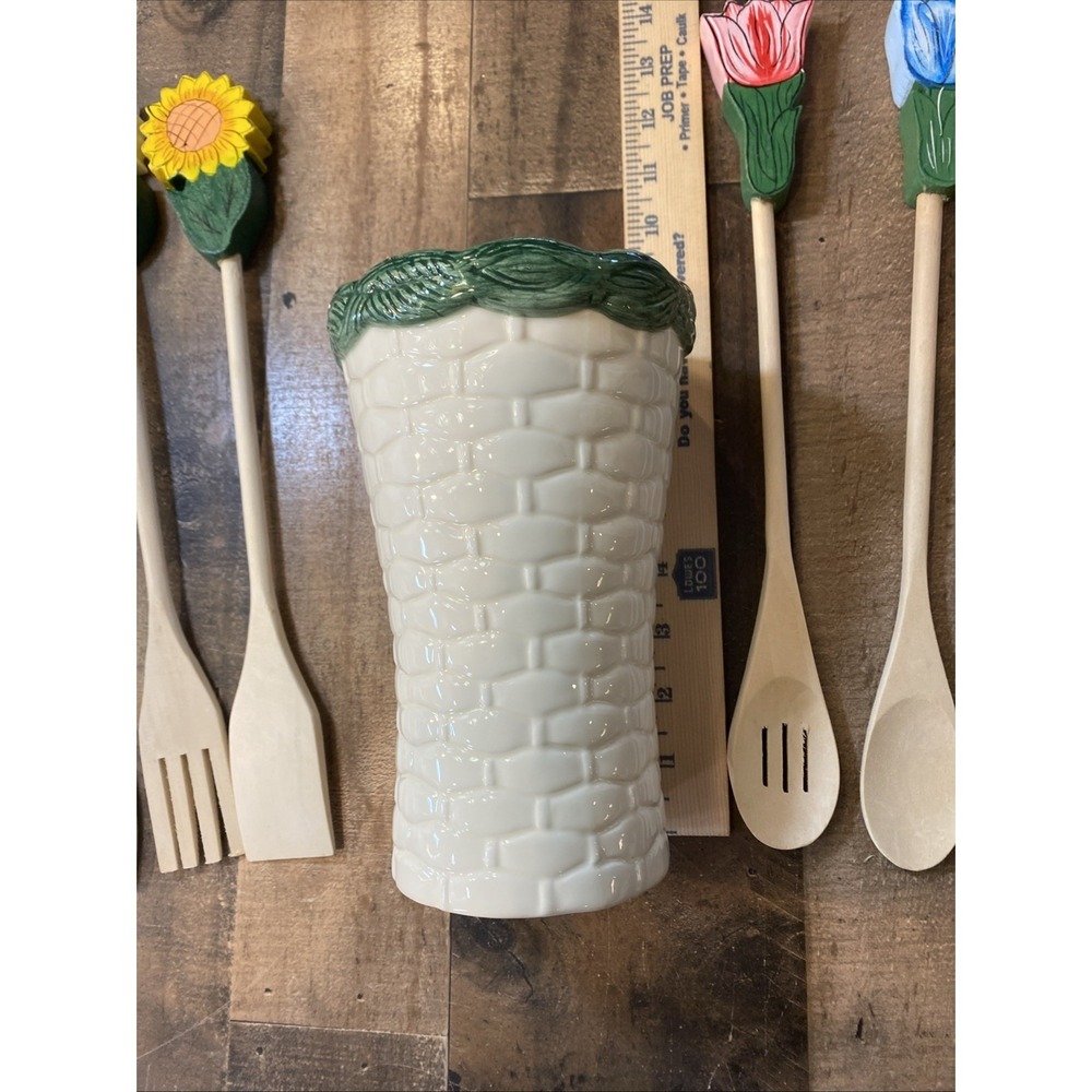 Wooden Cooking‎ Utensil 6 Hand Painted Flower Handle Ceramic Basket Tool Holder - Picture 8 of 16